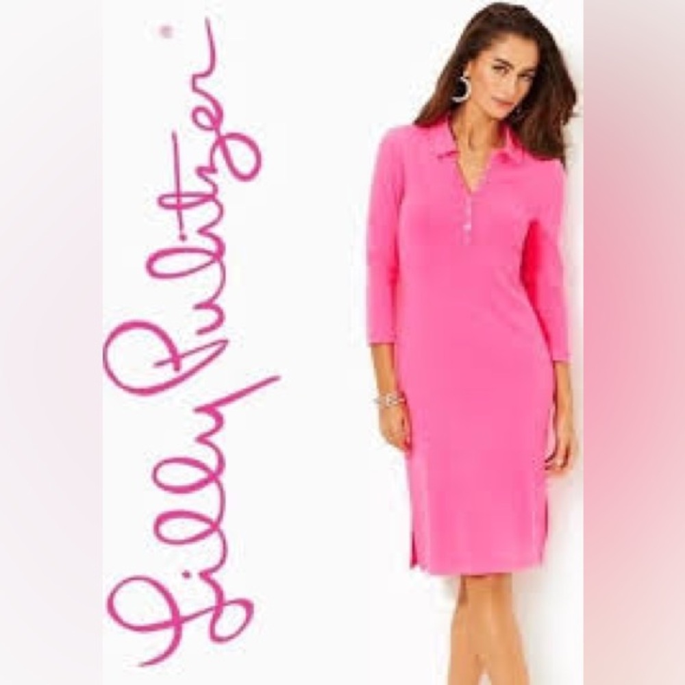 NWT LILLY PULITZER Pink Reema Polo Dress SIZE SMALL 3/4 Sleeve Knee Length Pink
